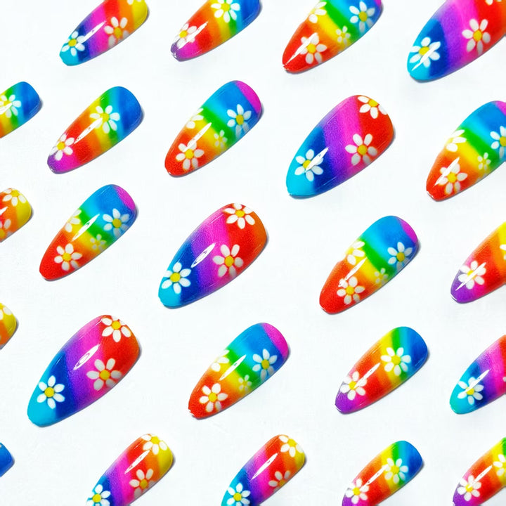 Creative Nail Art with Colorful Rainbow Design and Playful Flower Motifs Bowlift