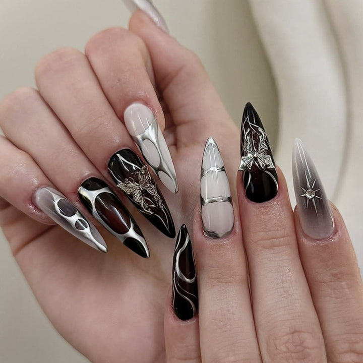 Gothic Themed Stiletto Nail Art Extensions Bowlift