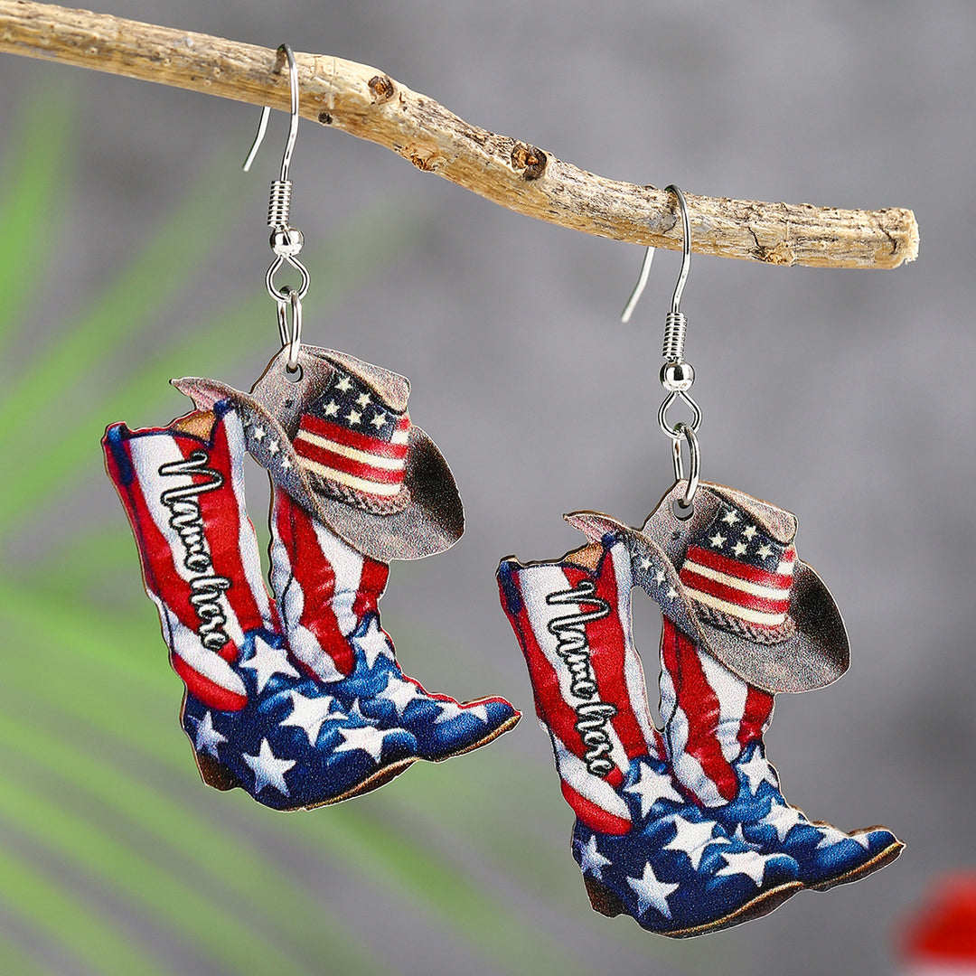 Ladies nan cowboy boots earrings with flag pattern made of lightweight wood Bowlift