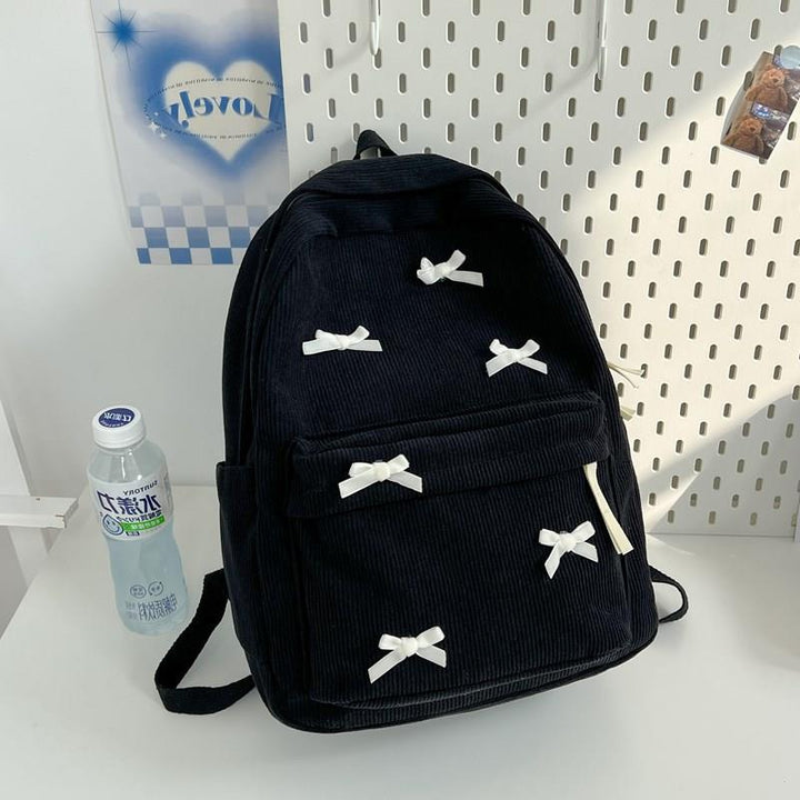 Decorative Bow-Embellished Corduroy Backpack