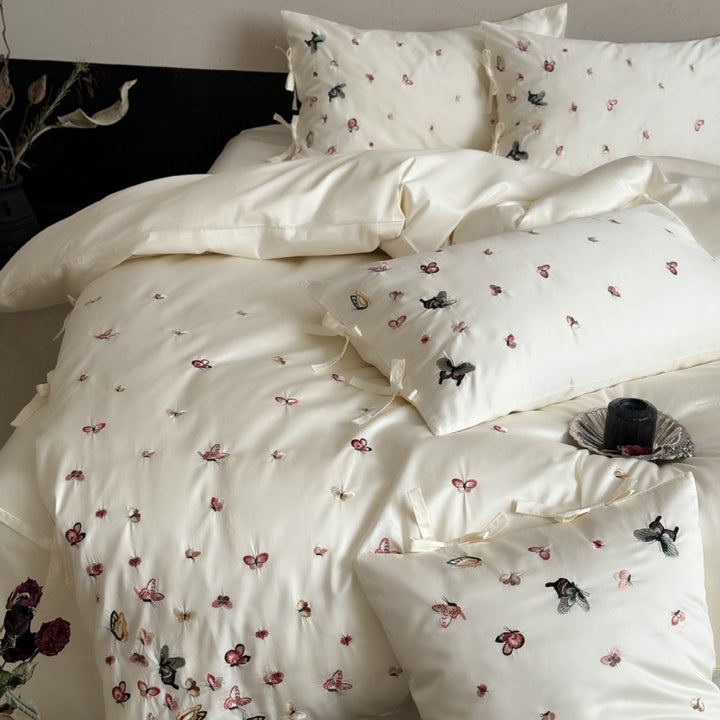 Embroidered Butterfly Cotton Sateen Duvet Cover Set