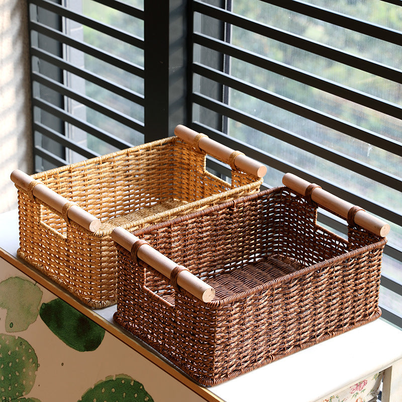 Handcrafted Woven Storage Basket with Wooden Handles Bowlift