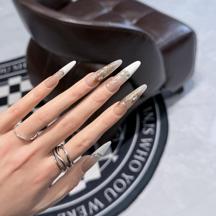 Elegant Stiletto Press-On Nail Set with Floral and Glitter Design Bowlift