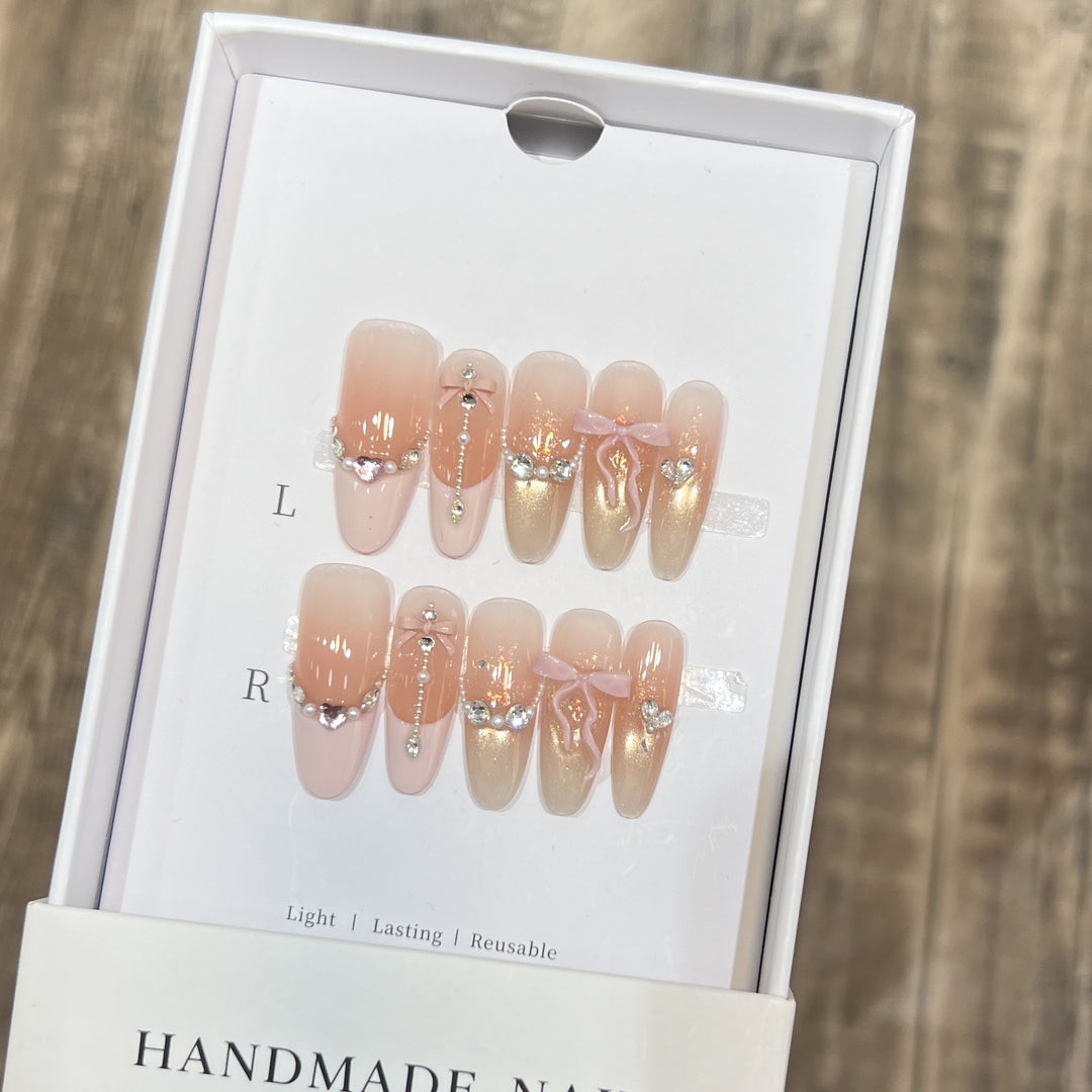 Decorative Stiletto Press-On Nail Art Set with Elegant Ribbons and Gems Bowlift