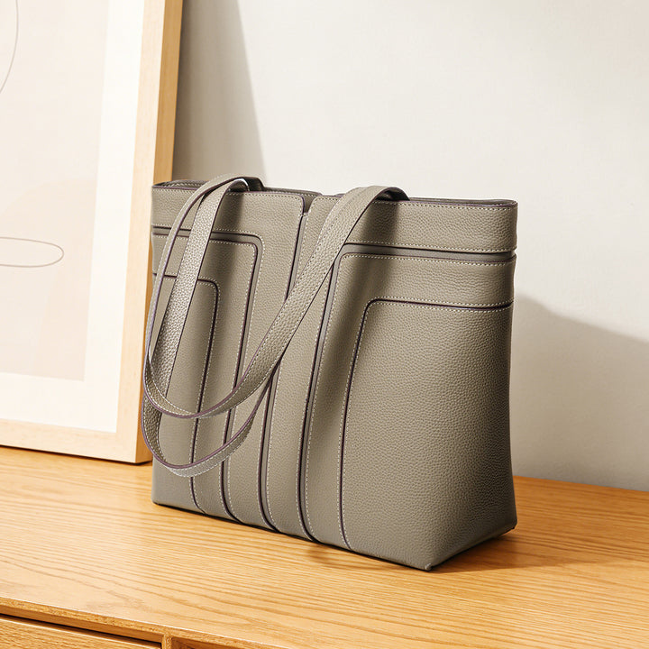Structured Vertical-Panel Pebbled Tote Bag