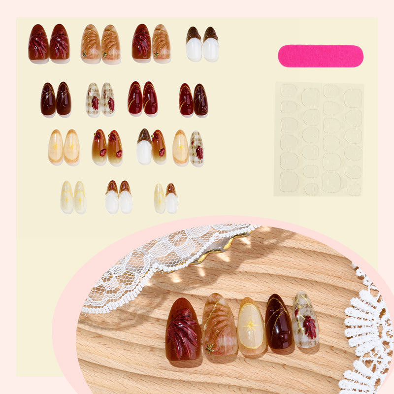 Premium Decorative Press-On Nail Set with Artistic Floral Accents Bowlift