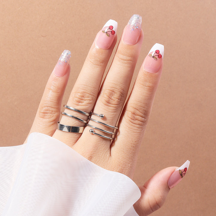 Decorative Stiletto Press-On Nails with Cherry Design Bowlift