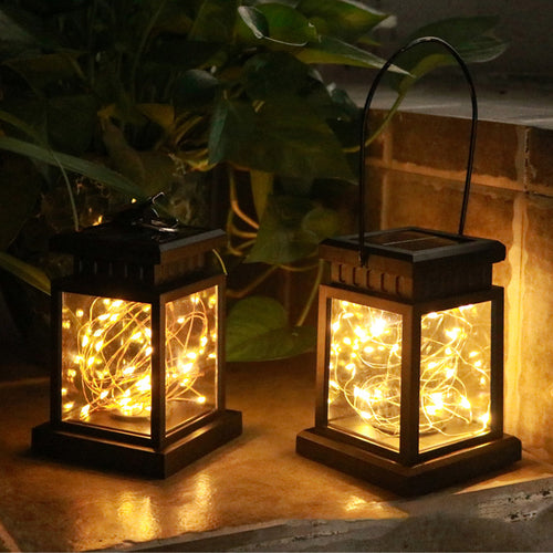 Rustic Hanging Solar Lantern With Flickering LED Candle And Waterproof Glass Panels Bowlift