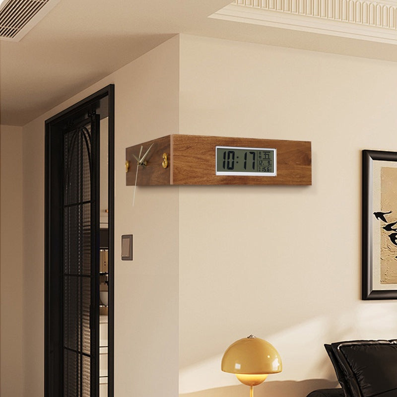 Corner-Mount Dual-Display Wooden Wall Clock with Analog Hands and LCD Panel Bowlift