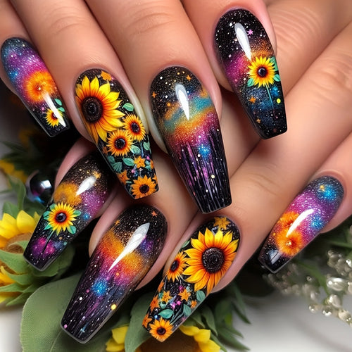 Artificial nails in creative sunflower and galaxy design Bowlift