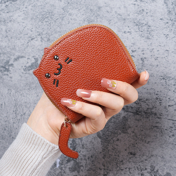 Cat-Shaped Textured Faux Leather Coin Purse with Zipper Wrist Strap Bowlift