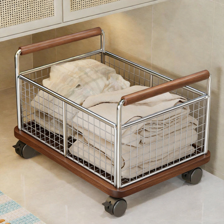 Rectangular Metal Mesh Storage Basket with Wooden Handle Pull