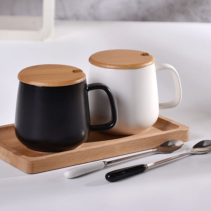 Matte Ceramic Insulated Coffee Mug Gift Set with Wooden Lid and Stainless Spoon Bowlift