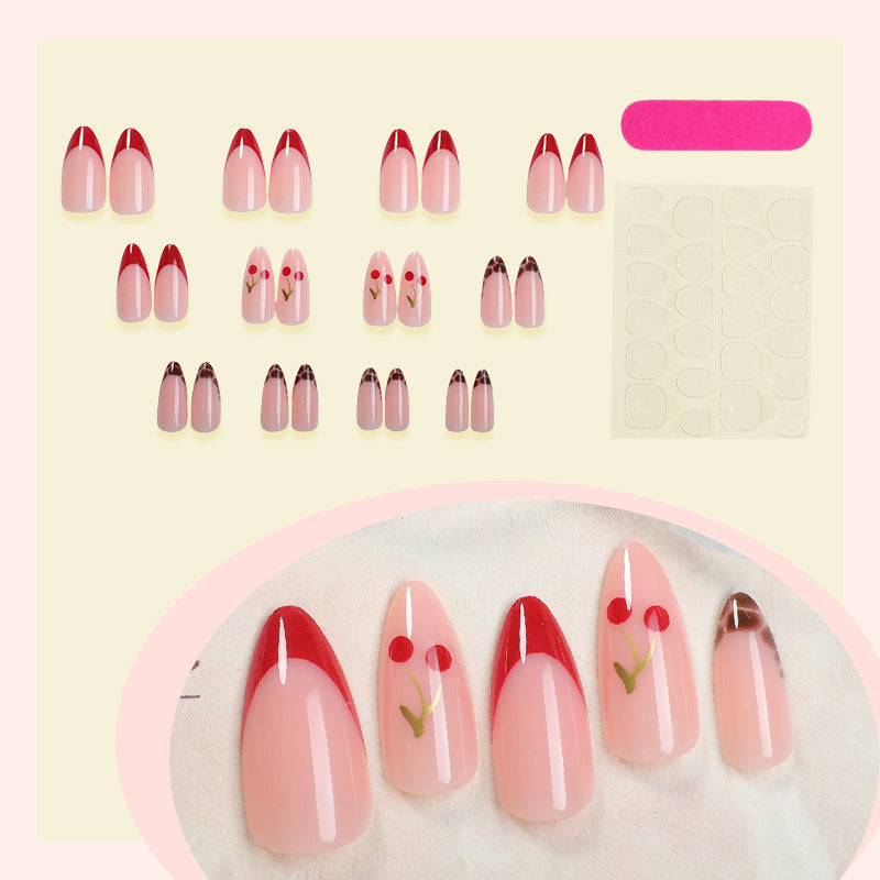 Artificial nail set with fruity cherry design and elegant gradient color Bowlift