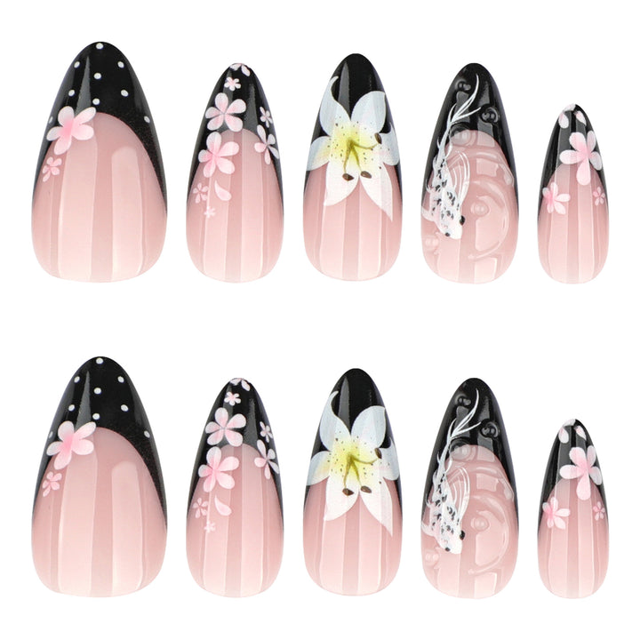 Elegant Nail Extensions with Creative Flowers and Black-White Patterns Bowlift
