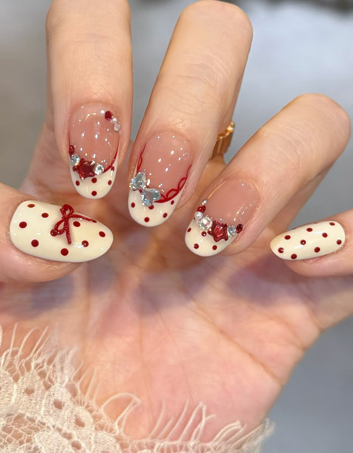 Artistic Press-On Nail Set with Bow and Floral Details Bowlift 1789389376