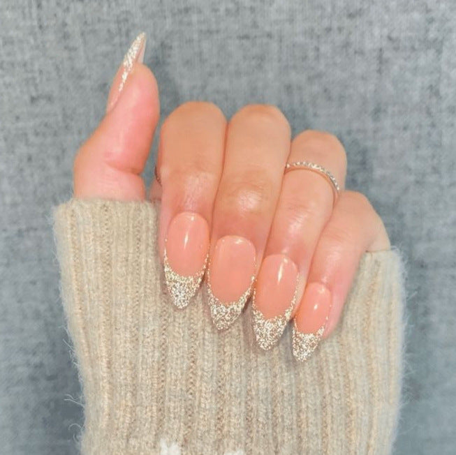 Elegant Glossy Almond-Shaped Press-On Nails with Silver Glitter Tips Bowlift