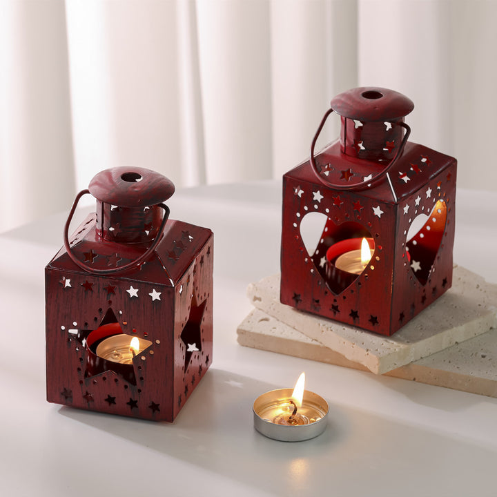Distressed Shabby-Chic Square Tea Light Lantern with Christmas Tree Cutouts Bowlift
