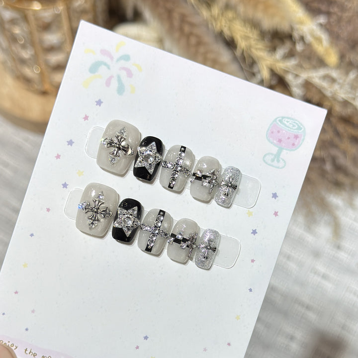 Artistic Press-On Nail Art Set with Gemstone Accents Bowlift