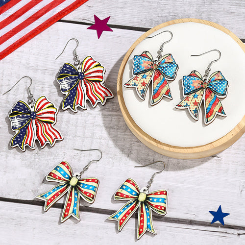 Ladies nan lightweight wooden earrings bow pendant with hook closure and vintage pattern Bowlift