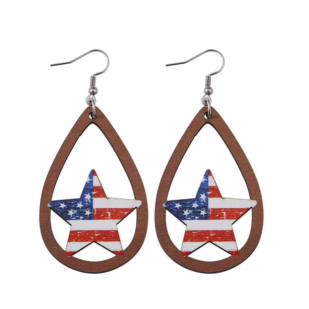 Women's nan patriotic teardrop wooden dangle earrings with star stripe cutout Bowlift