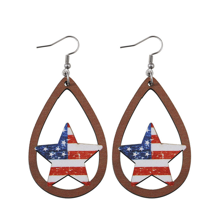Women's nan patriotic teardrop wooden dangle earrings with star stripe cutout Bowlift