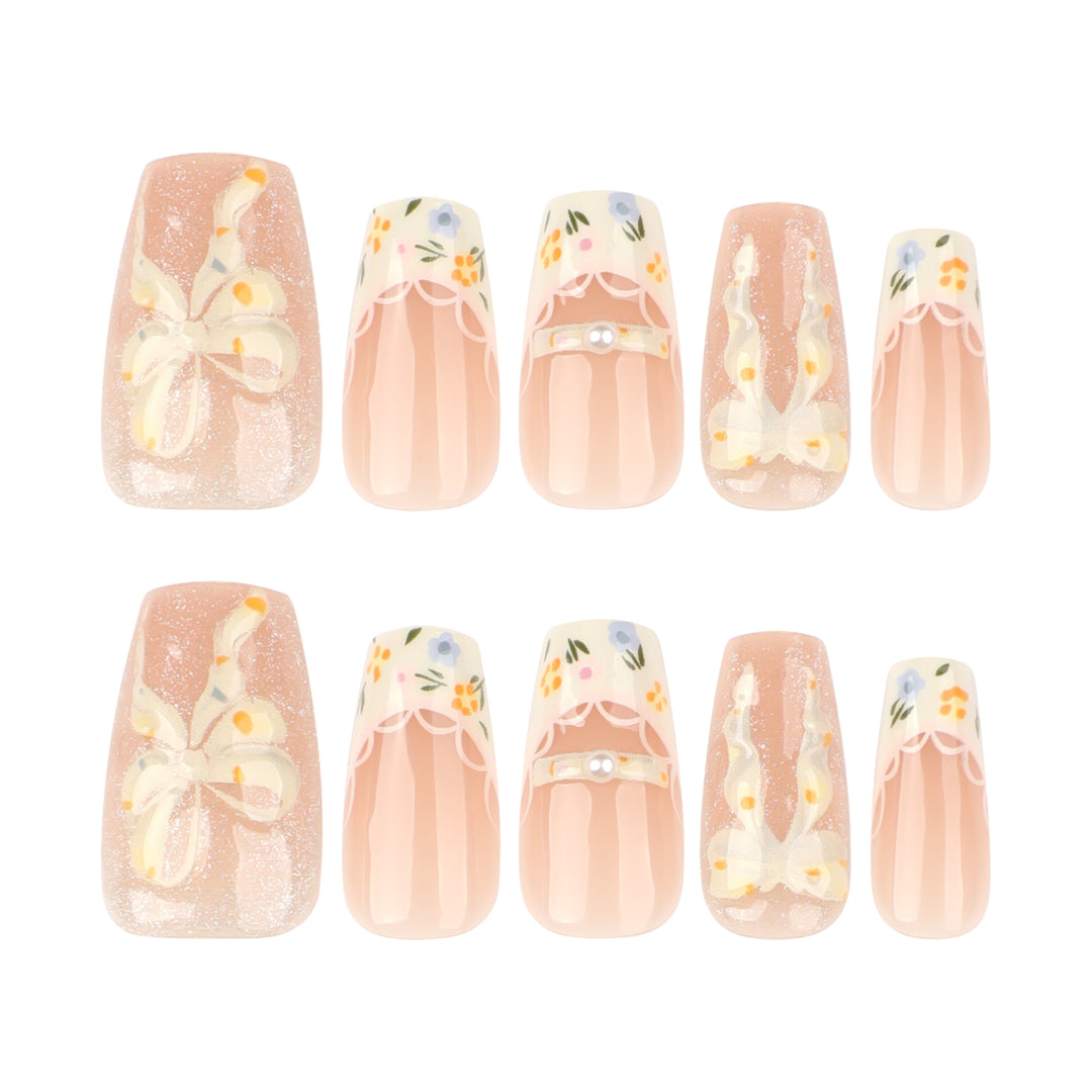 Artful Nail Extensions with Floral Design and Bow Accents Bowlift