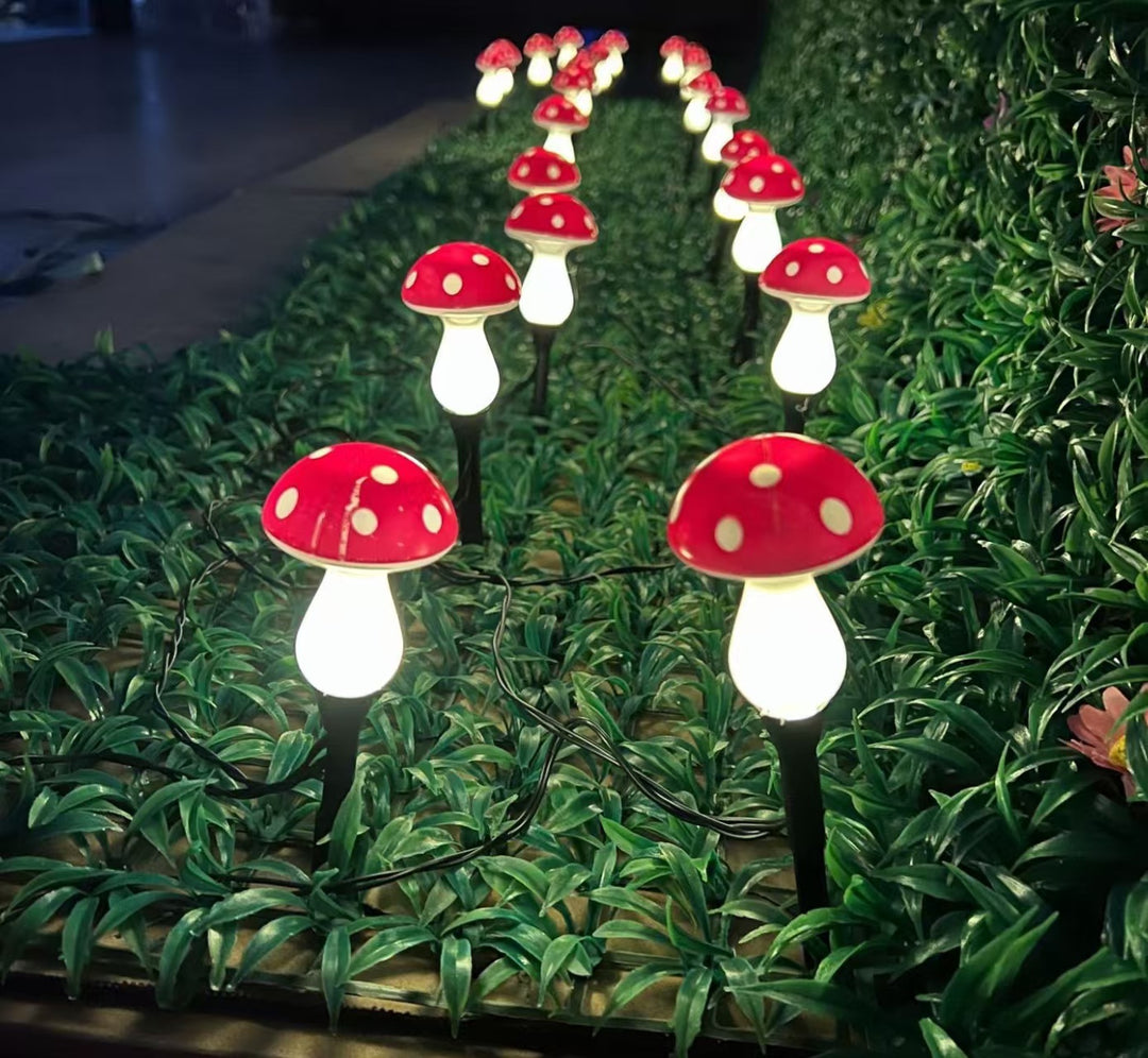 Whimsical Mushroom Pathway Stake String Lights With Ceramic-Style Caps And Warm LED Illumination Bowlift