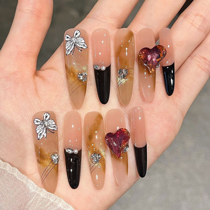 Artistic 3D Butterfly and Gem Nail Extensions Bowlift