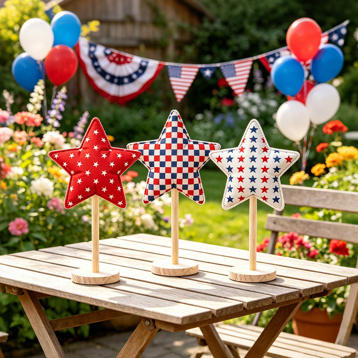 Unisex decorative star decoration figures made of fabric on wooden stand Bowlift