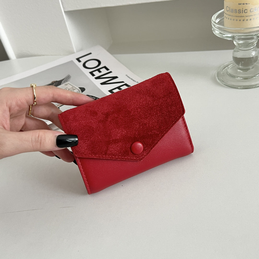 Compact Suede-Trim Leather Card Wallet Bowlift