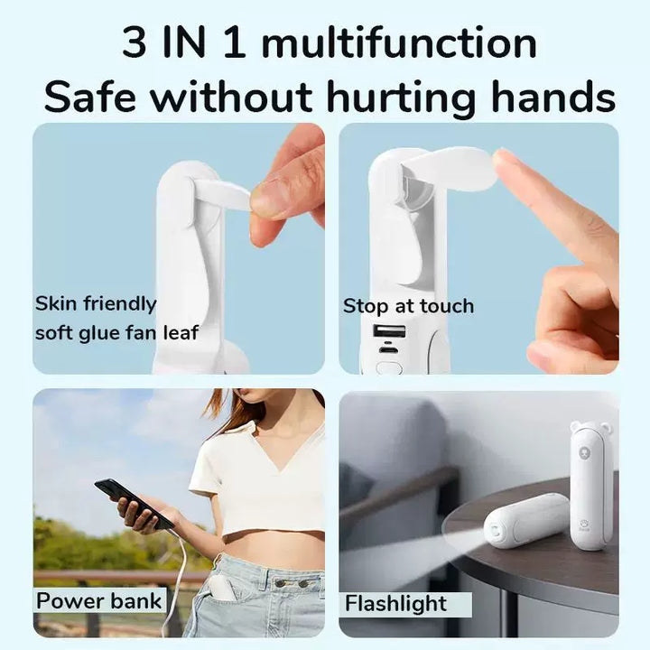 Unisex One Size foldable rechargeable triple handheld mini fan with integrated power bank USB-C and USB-A connections as well as wrist strap Bowlift