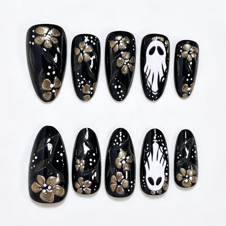 Artistic Ghost and Floral Theme Press-On Nail Art Bowlift
