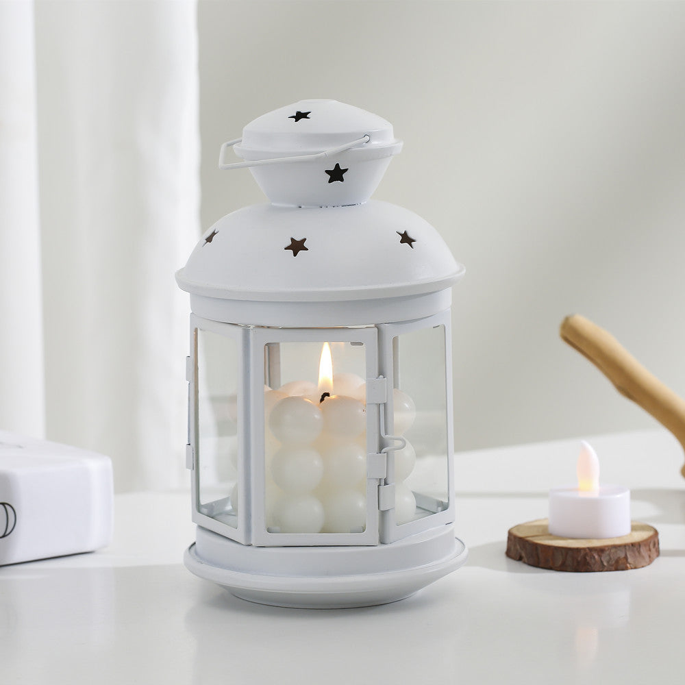 Vintage-Inspired Cylindrical Metal Tea Light Lantern with Star Vent Cutouts and Hinged Glass Door Bowlift