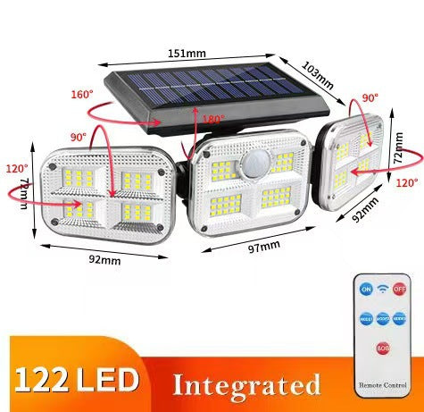 Outdoor Solar Triple-Head LED Security Floodlight With PIR Motion Sensor And Adjustable Swivel Mounts Bowlift