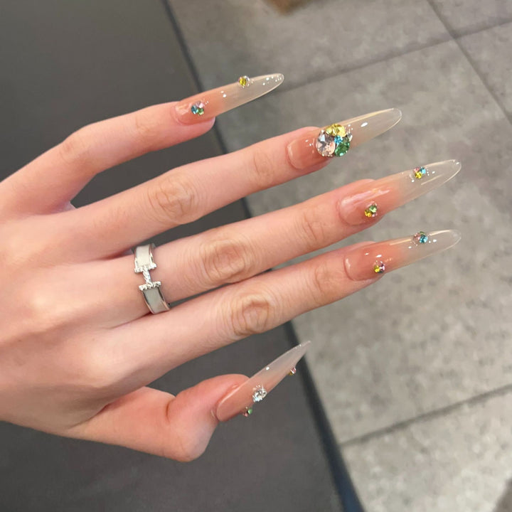 Glamorous Stiletto Press-On Nail Set with Colorful Gem Accents Bowlift