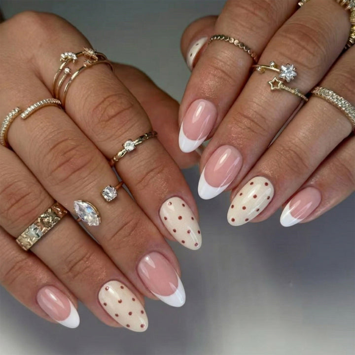 Elegant Press-On Nail Set with Polka Dot and French Tip Design Bowlift