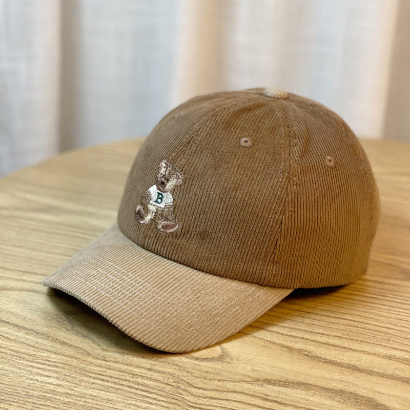 Women's Corduroy Baseball Cap with Teddy Bear Embroidery Bowlift