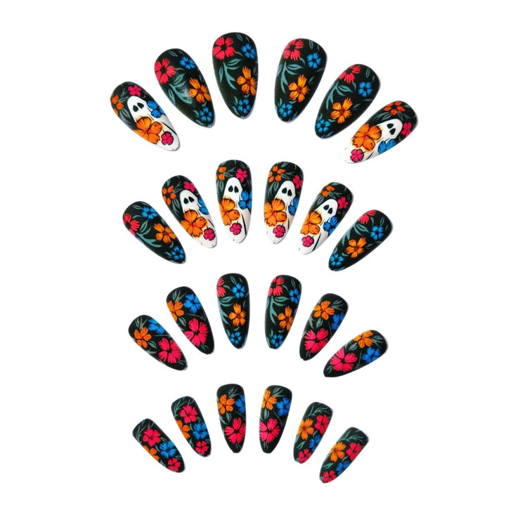 Creative Art Nails with Skull and Colorful Flower Design Bowlift