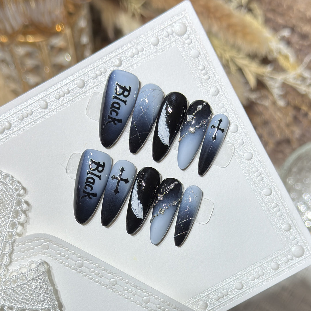 Artistic Press-On Nail Set with Gothic Feather and Cross Design Bowlift
