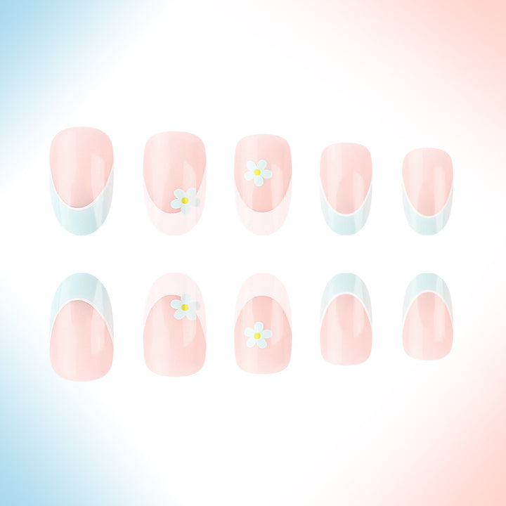 Elegant French Tip Press-On Nails with Floral Accents Bowlift