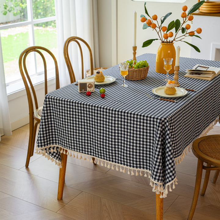 Gingham Patterned Tablecloth with Tassel Trim