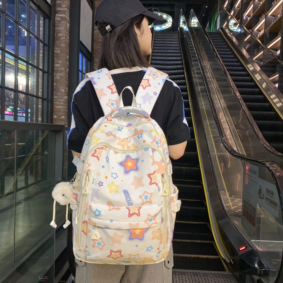 Backpack with Colorful Star Motif and Multifunctional Compartments Bowlift