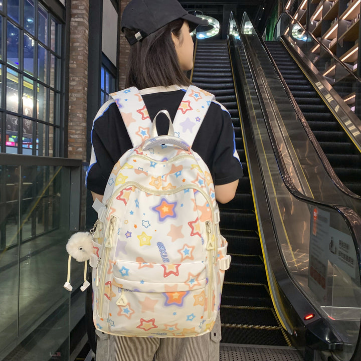 Backpack with Colorful Star Motif and Multifunctional Compartments Bowlift