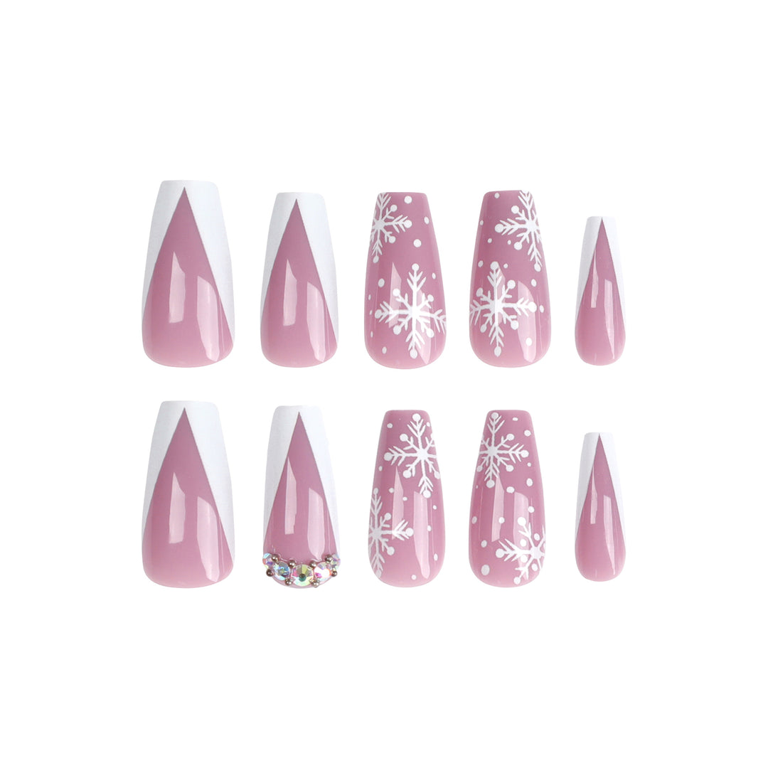 Artistic Nail Extensions with Snowflake Design and Glitter Accents Bowlift