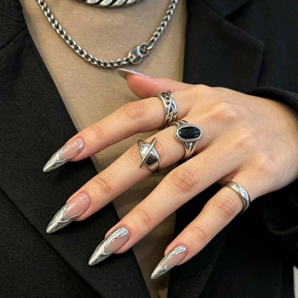 Metallic Marble Art Stiletto Press-On Nails Bowlift