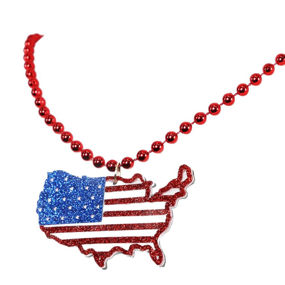 Women's nan glittered layered circular patriotic pendant necklace with beaded chain and star medallion Bowlift