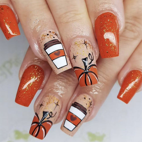 Seasonal Pumpkin-Themed Press-On Nail Art Design Bowlift