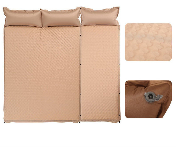 double connectable inflatable camping mattress with integrated dual pillows, egg-crate comfort surface and compact carry sack Bowlift