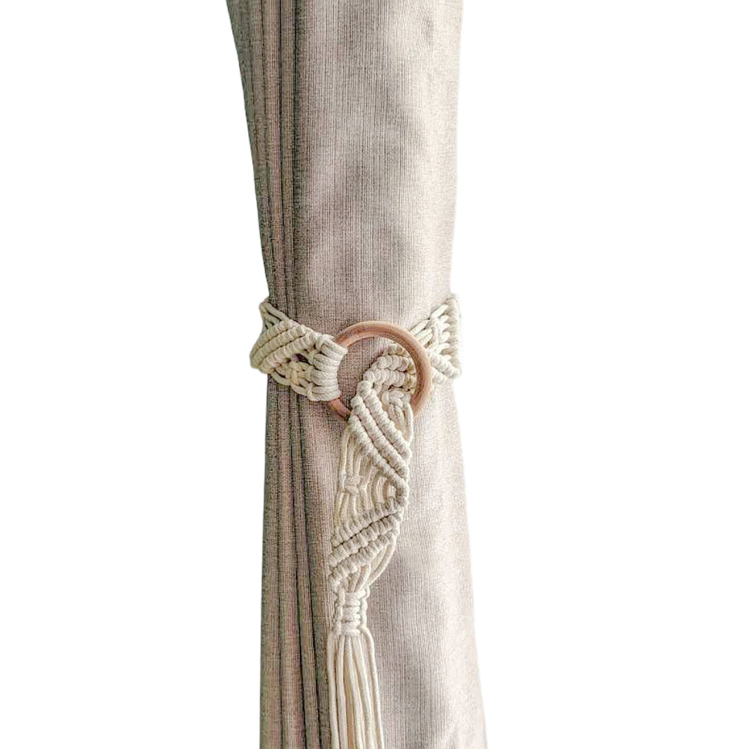 Macrame Curtain Tieback with Wooden Ring Bowlift